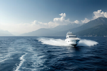 A luxury motor yacht is speeding across the sea.