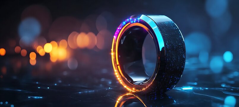 AI-Enhanced Smart Ring Featuring Glowing Edges, Luxury Background, and Dedicated Branding Space for Modern Tech