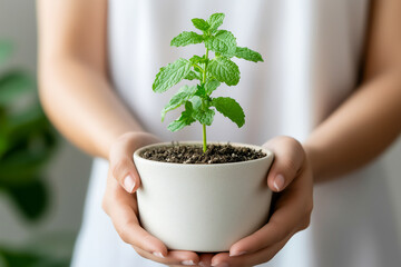 Close up of hands holding a potted mint plant.