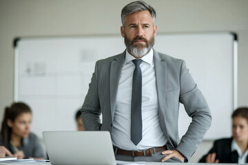Mature businessman with grey suit leading the meeting in the office.