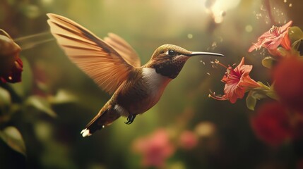 Naklejka premium A hummingbird gracefully approaching flowers in a vibrant garden setting