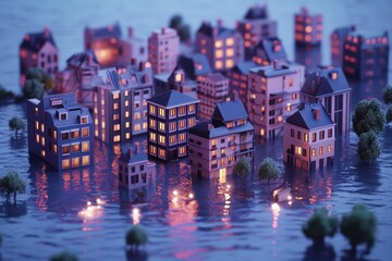 Fototapeta premium Miniature city buildings sit partially submerged in reflecting water
