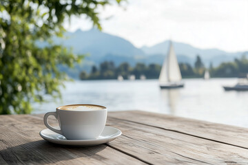 A cup of coffee on a wooden table with a blurred lake view in the background