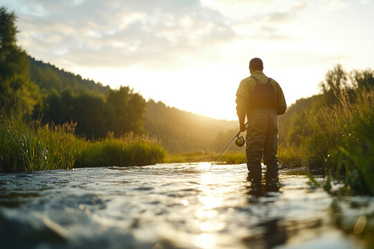Photo of a man fishing in a river.
Back view.