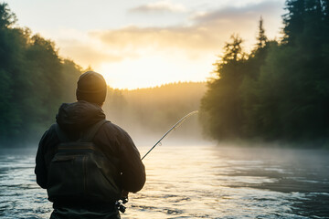 Photo of a man fishing in a river.
Back view.