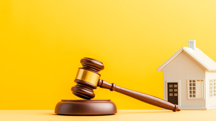Gavel and Toy House Representing Real Estate Law on Yellow Background