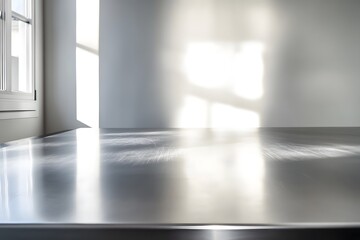 Empty steel kitchen table under bright clean lighting