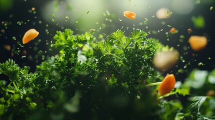 Fototapeta premium Vibrant Parsley and Carrots in Motion