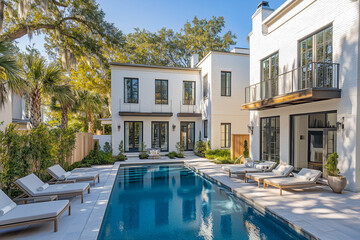 Elegant White Luxury Villa with Palm-Lined Poolside Paradise.