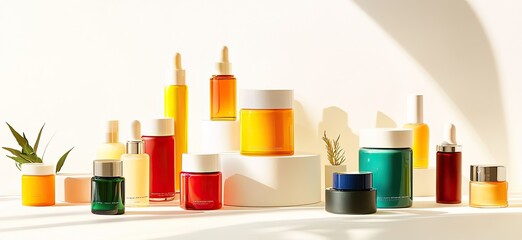 Colorful cosmetic bottles displayed on white pedestals