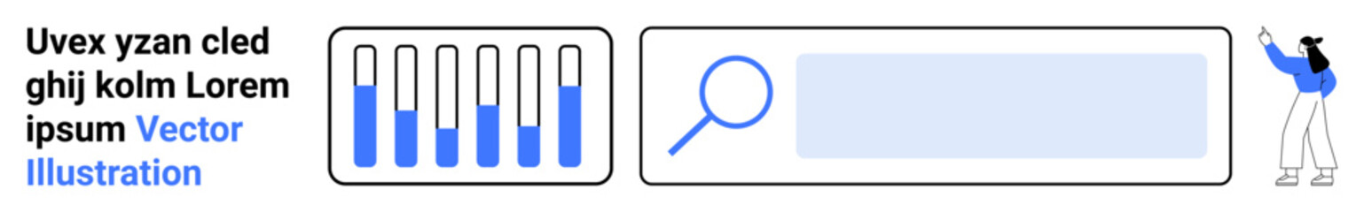 Progress bars with increasing levels of completion, magnifying glass over a search bar, person gesturing dynamically. Ideal for data visualization, workflow, analytics, research, online tools