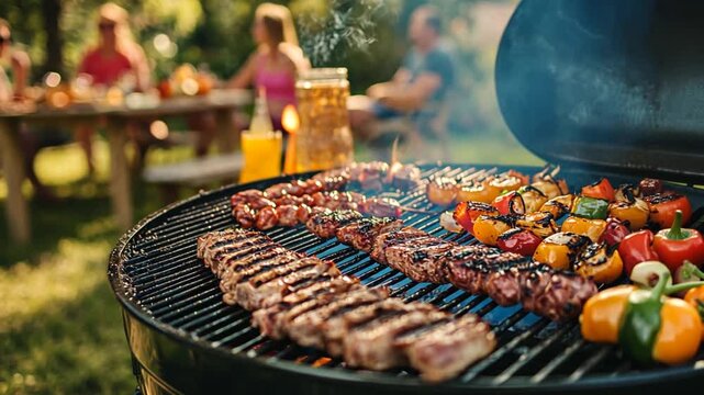 Backyard BBQ, Friends, Cooking Meat, Vegetables. Outdoor, Family Gathering