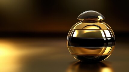 A golden and black perfume bottle reflecting the soft light beautifully