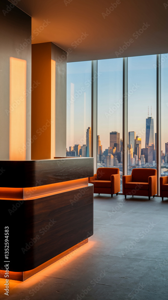 Poster modern reception desk with orange lighting, situated in a room with large windows showcasing a city 