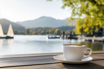 A cup of coffee on a wooden table with a blurred lake view in the background.