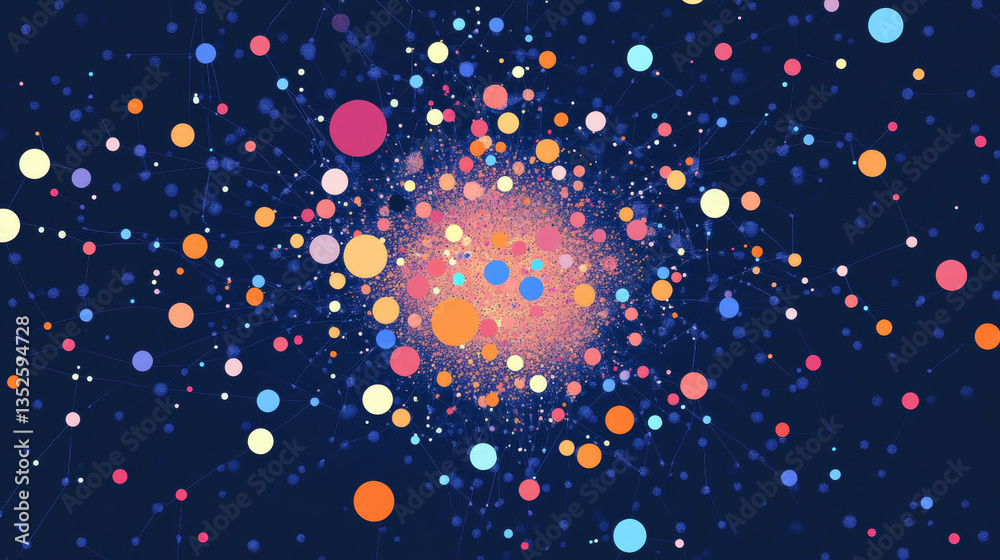 Poster digital technology concept big data visualization. abstract polygonal multicolored particles connect