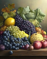 Still life of fall fruits and vegetables on wooden table