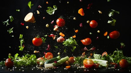 Floating Vegetables and Salad Against Dark Background