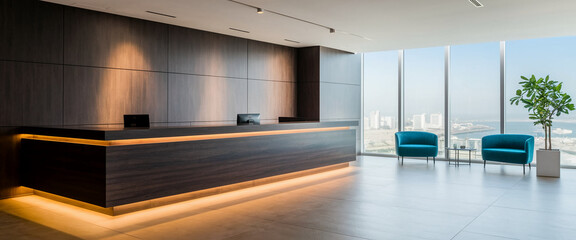 Modern office reception area with dark wood desk, illuminated base, teal armchairs, and panoramic city view showcasing professionalism and elegance, ideal for business or corporate concepts