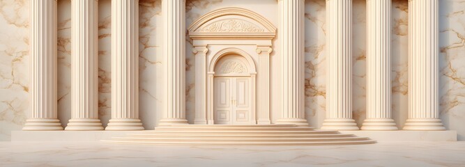 A podium inspired by ancient Greece, set between elegant marble columns