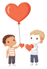 Two young children holding red heart shaped balloons together