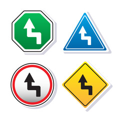 Right reverse turn ahead sign board with some shapes inside isolated on white background. Traffic road sign