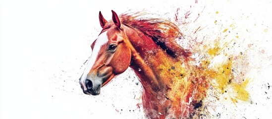 Naklejka premium An artistic portrait of a horse, with abstract strokes of color blended onto a white background. This creative and realistic design captures the beauty of the horse in an expressive style. 