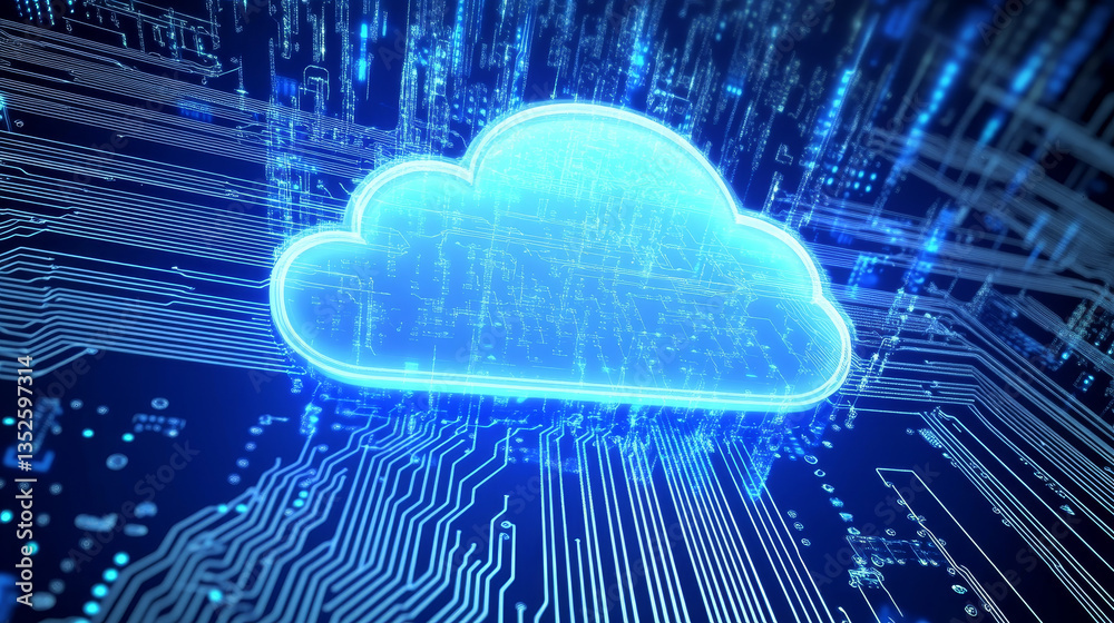 Poster cloud computing concept on blue circuit board, abstract background of technology cloud computing wit