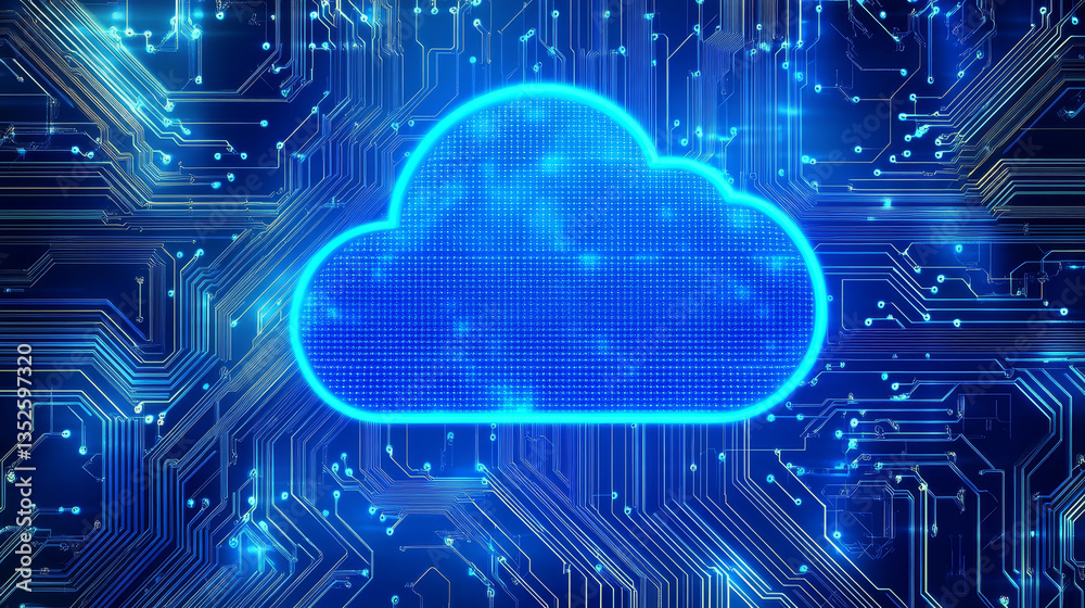 Poster cloud computing concept on blue circuit board, abstract background of technology cloud computing wit