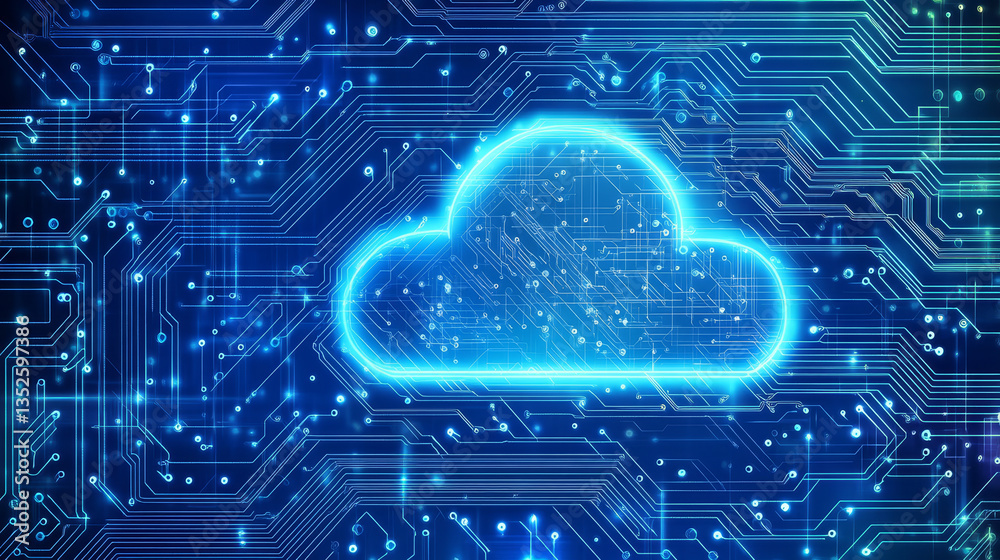 Poster cloud computing concept on blue circuit board, abstract background of technology cloud computing wit