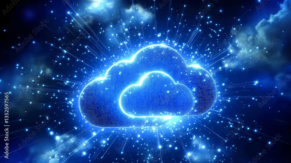 Poster futuristic digital background with a glowing cloud icon represents cloud computing, big data storage