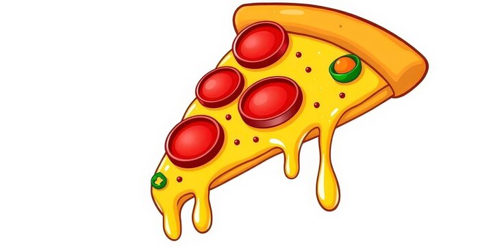 A cartoonish pepperoni pizza slice, dripping cheese, vibrant red pepperonis, green peppers, bright yellow cheese, texture, art