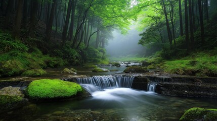 Obraz premium AI generator images of clear streams and waterfalls in the forest,Serene forest scene, small stream flowing over vibrant green moss-covered rocks. Surrounding trees, foliage add to lushness Forest