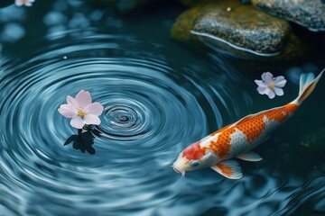 Tranquil koi pond in a serene Zen garden with floating blossoms