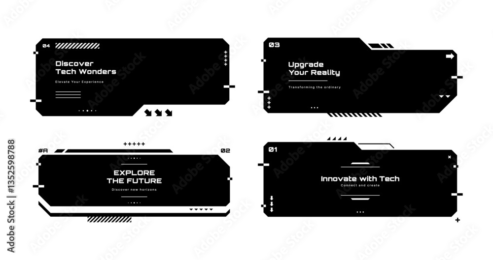Poster Modern technology label. Text boxes set in abstract tech style. Modern logo in cyberpunk style. Technology hi-tech design. Vector illustration.	