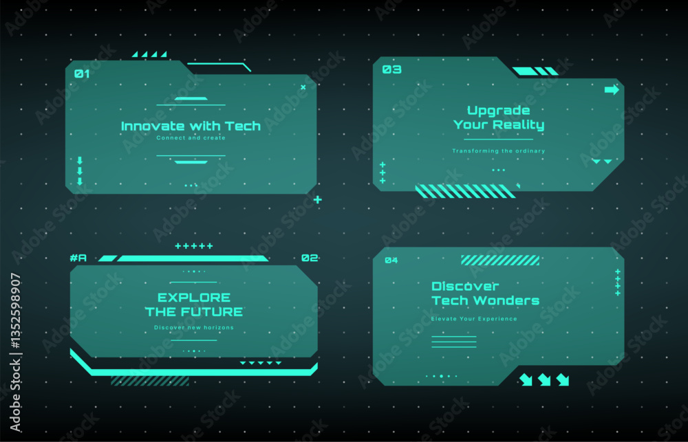 Fototapete Modern technology label. Text boxes set in abstract tech style. Modern logo in cyberpunk style. Technology hi-tech design. Vector illustration.	