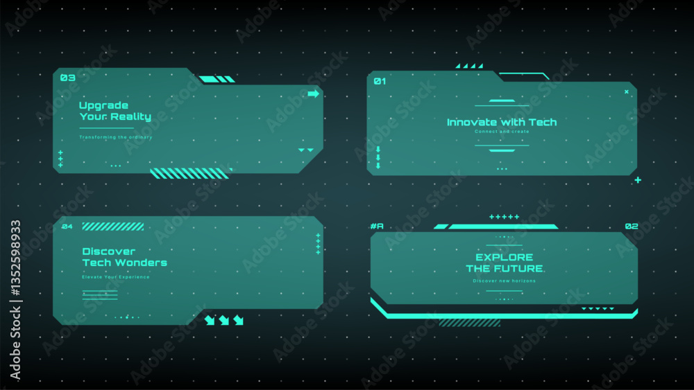 Poster Modern technology label. Text boxes set in abstract tech style. Modern logo in cyberpunk style. Technology hi-tech design. Vector illustration.	