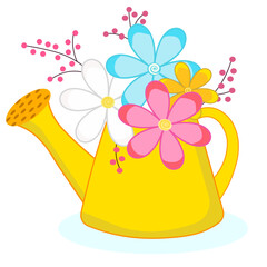 yellow watering can with flowers without background