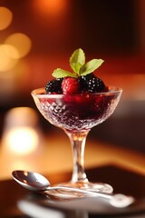 A sophisticated, modern presentation of chilled berry kissel served in a crystal coupe glass, garnished with a sprig of fresh mint and a few whole berries floating on top.