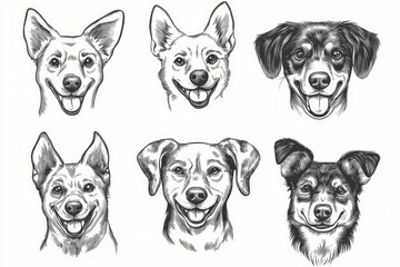 Fototapeta premium Diverse Collection of Joyful Dog Faces - Hand-Drawn Sketches Portraying Friendly Expressions