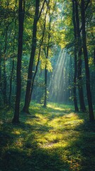 Fototapeta premium Tranquil forest serenity sunlight streaming through trees