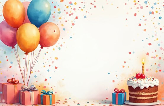 Charming watercolor birthday border design with balloons, presents, confetti, cake. Festive illustration of joyful celebration, party with happy occasion, cheerful invitation for banner, poster, card.