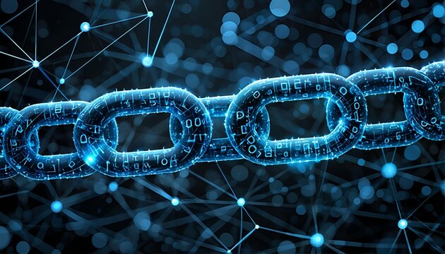 the image depicts a digital representation of a chain composed of interconnected links with various symbols and numbers etched into them.