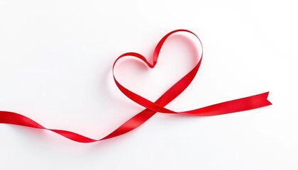 A single, minimalist red ribbon heart, elegantly shaped, on a pure white background,  art, pure