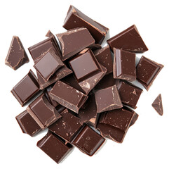 Overhead view showing a pile of broken dark chocolate pieces