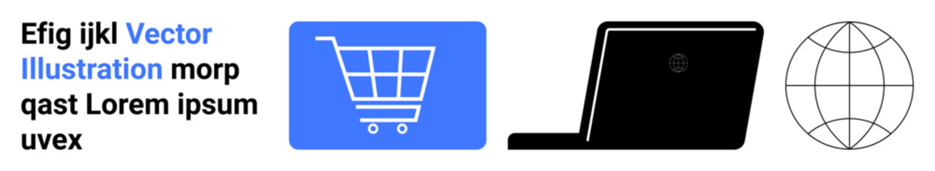 Shopping cart icon, black laptop silhouette, globe grid icon highlighting e-commerce, technology, global trade, business solutions, digital marketing, online transactions, and simple landing page