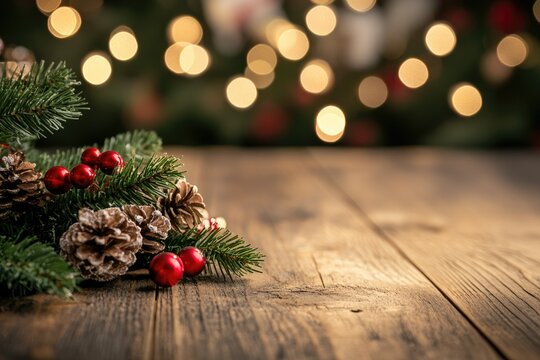Festive Desk Arrangement: Wooden Table with Christmas Tree and Holiday Decor in Cozy Background