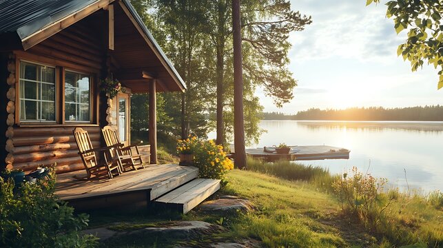 A picturesque lakeside cabin with a comfortable porch, a view of the water, and the tranquility of nature