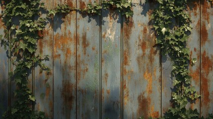 Weathered Wooden Surface with Growing Green Vine Plants on it
