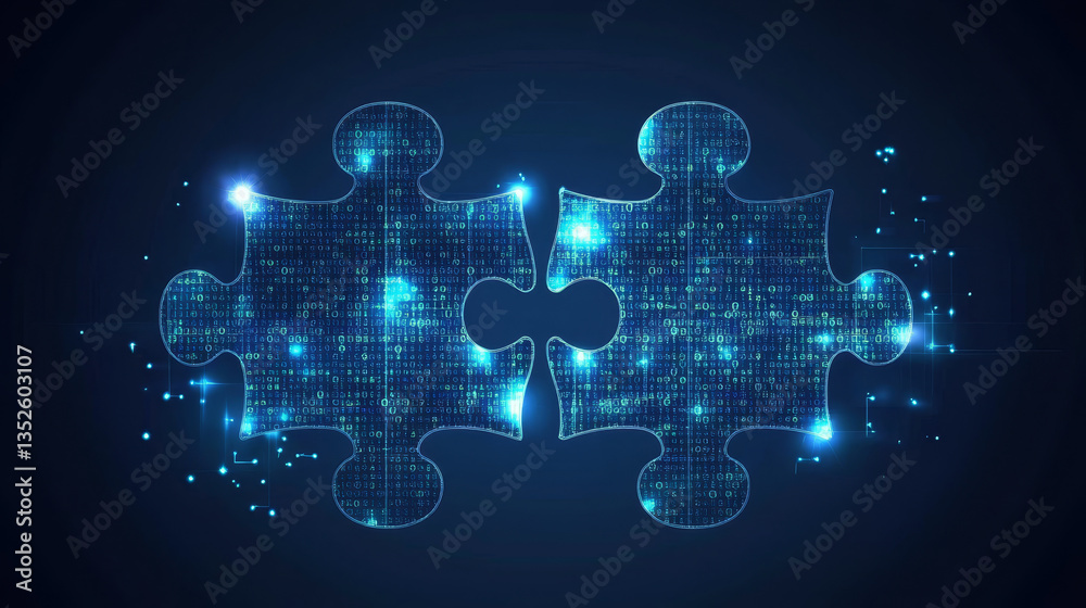 Poster cybersecurity digital information technology concept. interconnected polygon binary code on dark blu